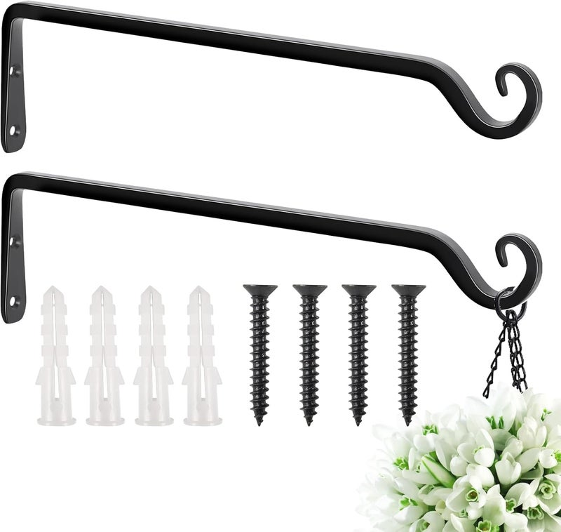 FEED GARDEN 15 Inch 2 Pack Hand-Forged Hanging Plant Bracket, Heavy Duty Metal Plant Hangers for Outdoor Hanging Bird Feeders, Lanterns, Wind Chimes, (Black, with 4 Screws) - Image 1