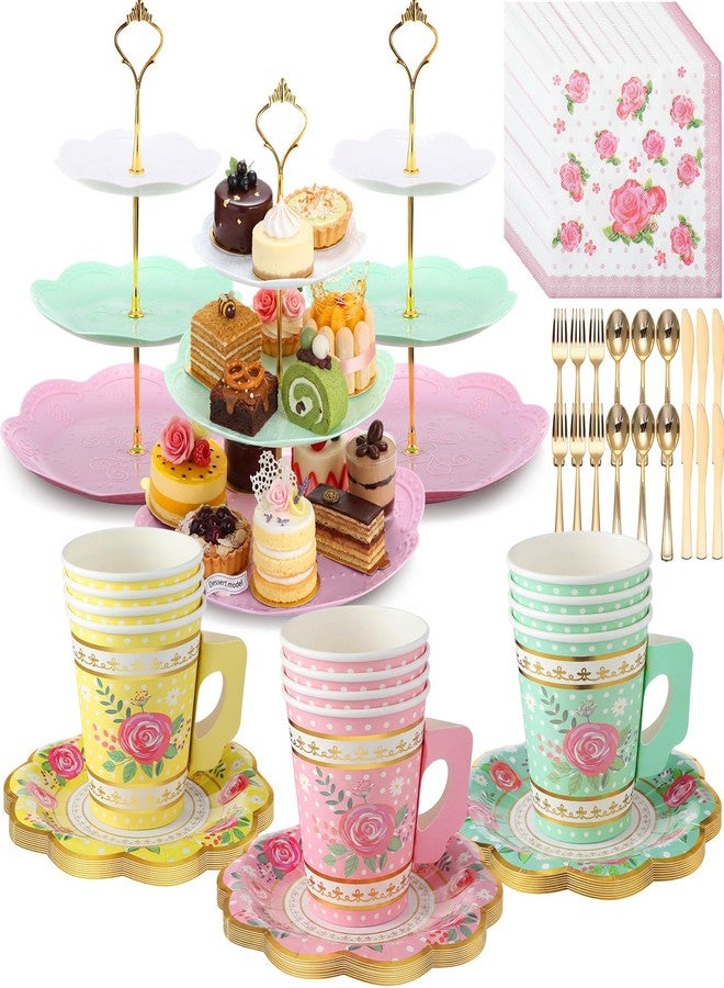 Layhit 83 Pcs Disposable Tea Party Set for Women Girls Vintage Floral Tableware with 3 Tier Cake Stand, Paper Cups & Saucers, Plates, Napkins, Cutlery for Birthday Baby Shower(Novel) - Image 1