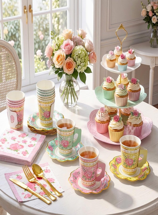 Layhit 83 Pcs Disposable Tea Party Set for Women Girls Vintage Floral Tableware with 3 Tier Cake Stand, Paper Cups & Saucers, Plates, Napkins, Cutlery for Birthday Baby Shower(Novel) - Image 4