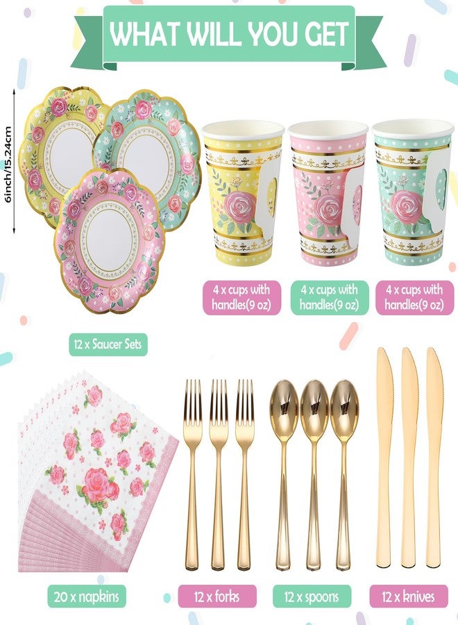 Layhit 83 Pcs Disposable Tea Party Set for Women Girls Vintage Floral Tableware with 3 Tier Cake Stand, Paper Cups & Saucers, Plates, Napkins, Cutlery for Birthday Baby Shower(Novel) - Image 2