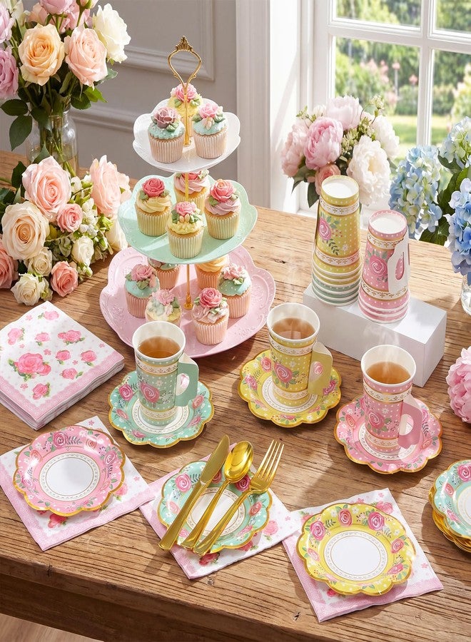 Layhit 83 Pcs Disposable Tea Party Set for Women Girls Vintage Floral Tableware with 3 Tier Cake Stand, Paper Cups & Saucers, Plates, Napkins, Cutlery for Birthday Baby Shower(Novel) - Image 5