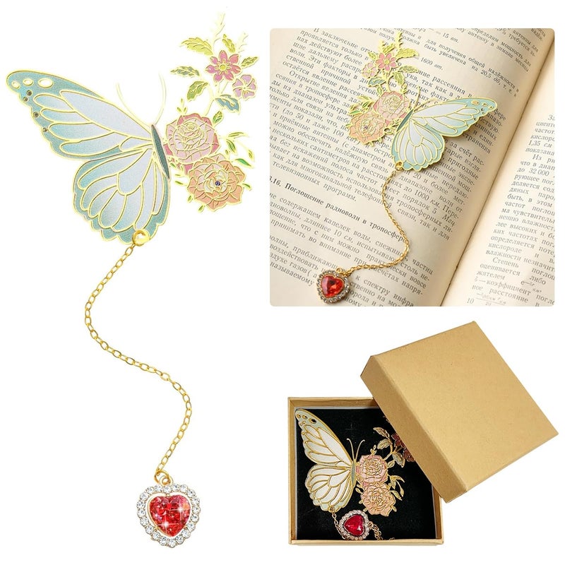 Climberty ® Metal Butterfly Bookmark with Red Heart Chain Pendent, Cute Funny Metal Bookmark, Unique Gifts Book Markers for Women Book Lovers, Valentine Mother's Day Christmas New Year Birthday Gift - Image 1