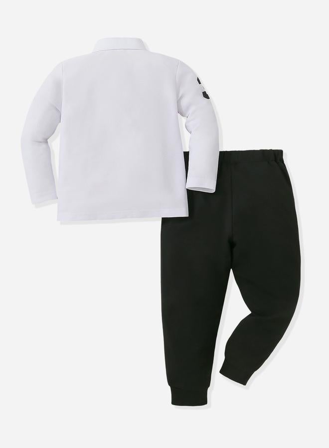 Take Two Boys White Graphic Polo and Black Jogger Set - Image 2