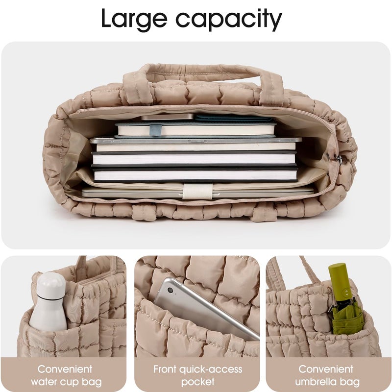 Queenoris Puffer Tote Bag for Women, Soft Quilted Shoulder Handbag Large Lightweight Satchel Purse Travel Gym Bag(Apricot) - Image 5