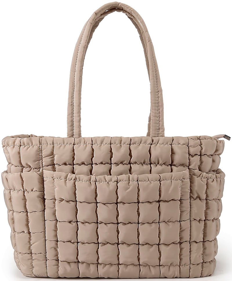 Queenoris Puffer Tote Bag for Women, Soft Quilted Shoulder Handbag Large Lightweight Satchel Purse Travel Gym Bag(Apricot) - Image 1