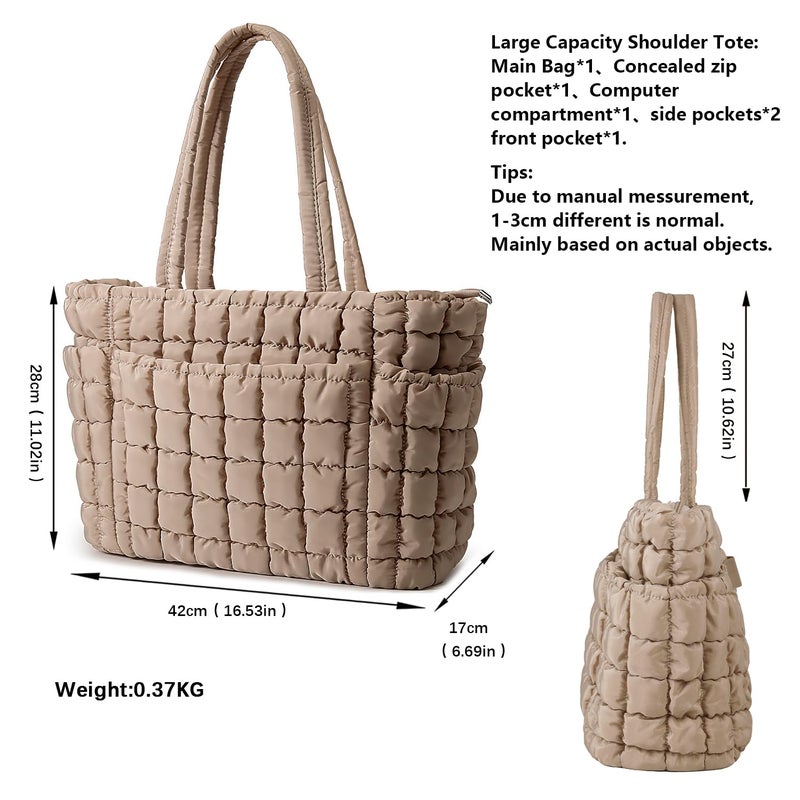 Queenoris Puffer Tote Bag for Women, Soft Quilted Shoulder Handbag Large Lightweight Satchel Purse Travel Gym Bag(Apricot) - Image 4