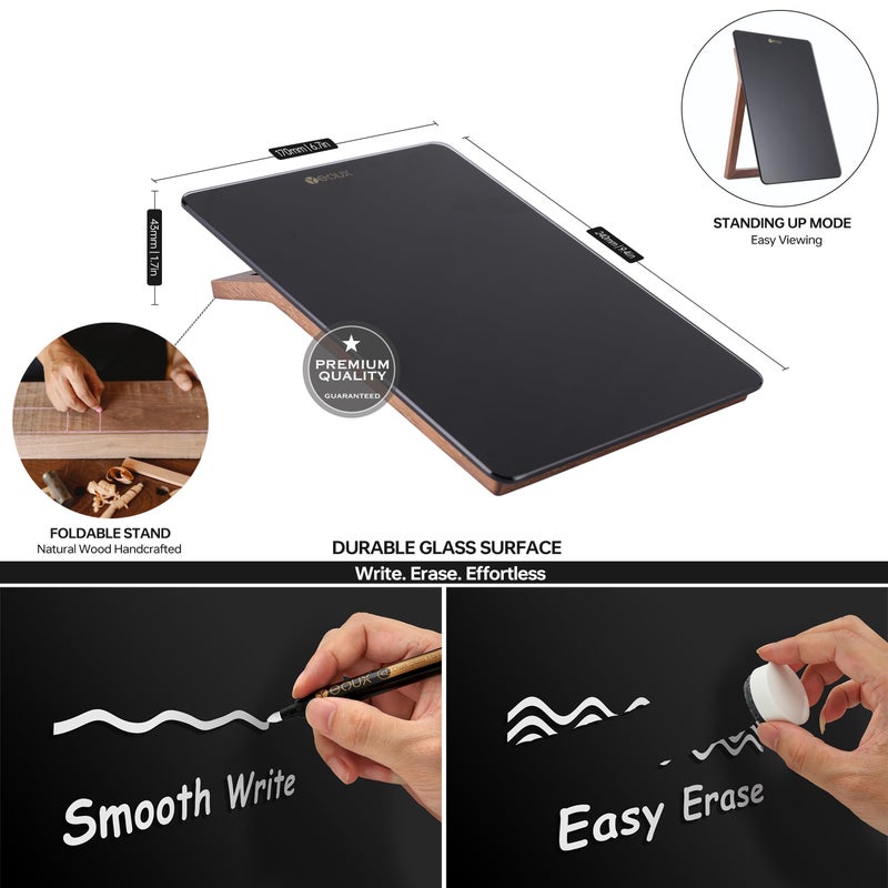 YEOUX Desktop Black Glass Dry Erase Whiteboard with Reversible Wood Stand, Small Portable White Board Easel for Desk, Reusable Desk Notepad 9.5"x6.7" for Office, Home, School, Marker&Eraser Included, Yeoux - Image 3