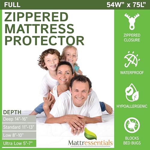 Mattressentials Zippered Full Mattress Protector (5"-7" Depth) - Bed Bug Waterproof Mattress Cover, Premium Quality Hypoallergenic Encasement White - Image 1