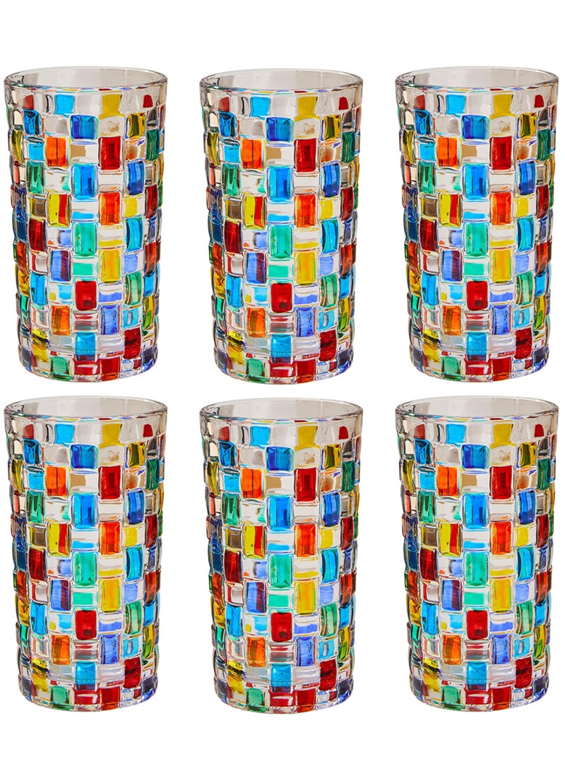 عبوة من 6 أكواب زجاجية من البورسليكات عالية الجودة، سعة 300 مل، بتصميم فسيفسائي ملون، أنيقة ومتينة للمشروبات - Image 1