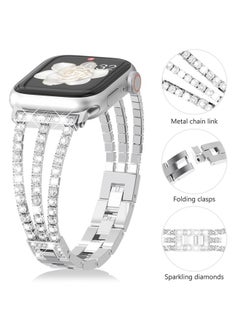 Compatible with Apple Watch Chain Band Series 8 Series 7 6 5 4 3 2 1 SE iWatch 45mm 44mm 42mm Ultra 49mm with Crystal Diamond Bling Metal Link Bracelet Strap Steel for Women, Silver