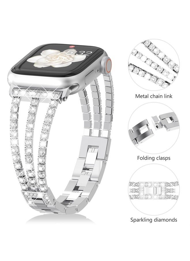 FULLIFE - Compatible with Apple Watch Chain Band Series 8 Series 7 6 5 4 3 2 1 SE iWatch 45mm 44mm 42mm Ultra 49mm with Crystal Diamond Bling Metal Link Bracelet Strap Steel for Women, Silver - Image 1