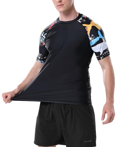 VAYAGER Men's Swim Shirts Rash Guard UPF 50+ Short Sleeve Sun Protection Fishing Tops for Surfing(Black-Pattern 5XL) - Image 5