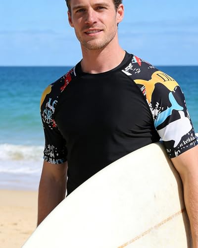 VAYAGER Men's Swim Shirts Rash Guard UPF 50+ Short Sleeve Sun Protection Fishing Tops for Surfing(Black-Pattern 5XL) - Image 3