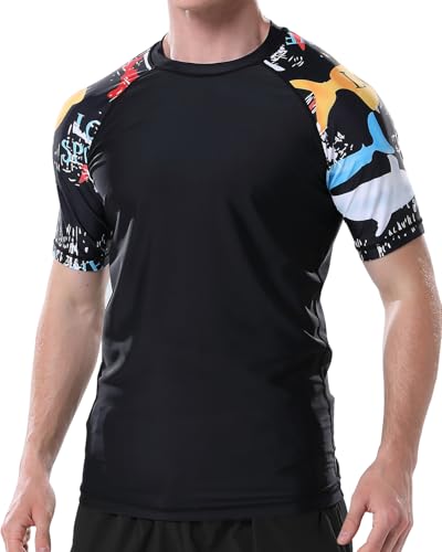 VAYAGER Men's Swim Shirts Rash Guard UPF 50+ Short Sleeve Sun Protection Fishing Tops for Surfing(Black-Pattern 5XL) - Image 2