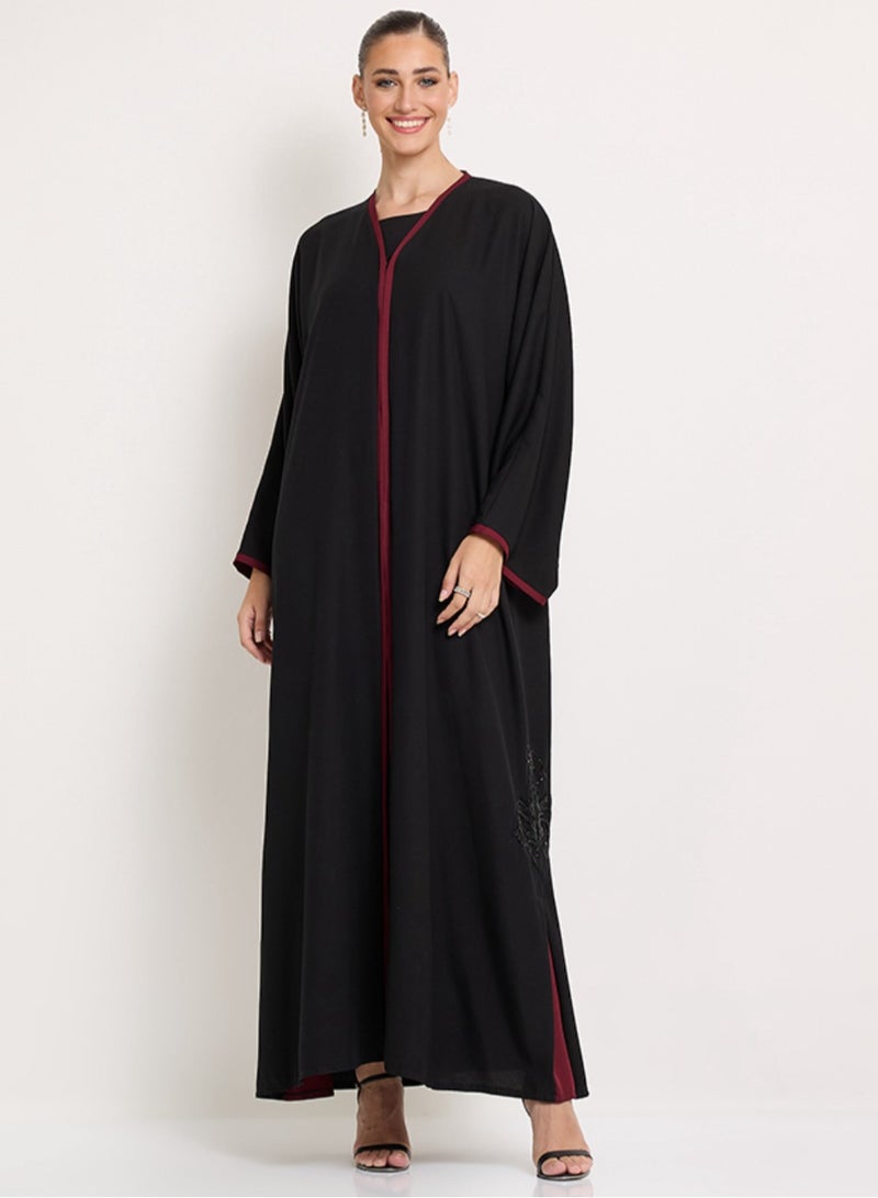 روزيت عباية عباية مطرزة بخطوط حمراء وأكمام طويلة - Image 2