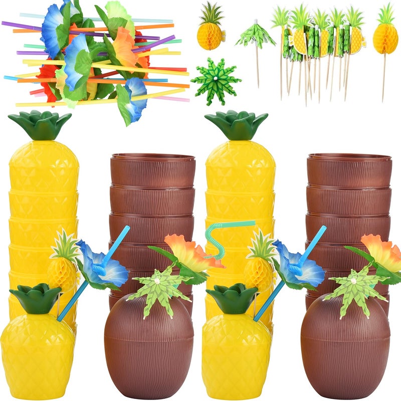 Haundry 18 Coconut Pineapple Cups with 18 Straws, 18 Cocktail Drink Picks, Hawaiian Luau Tiki and Beach Theme Party Decorations for Kids and Adults, Flower - Image 1