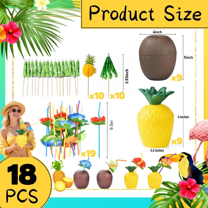 Haundry 18 Coconut Pineapple Cups with 18 Straws, 18 Cocktail Drink Picks, Hawaiian Luau Tiki and Beach Theme Party Decorations for Kids and Adults, Flower - Image 2