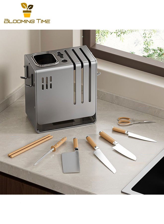 بلومنغ تايم حامل عيدان سميك، حامل متعدد الوظائف للتجفيف على الحائط، صندوق لتخزين العيدان والملاعق، حامل سكاكين من الفولاذ الكربوني، حامل سكاكين المطبخ، لون رمادي - Image 5