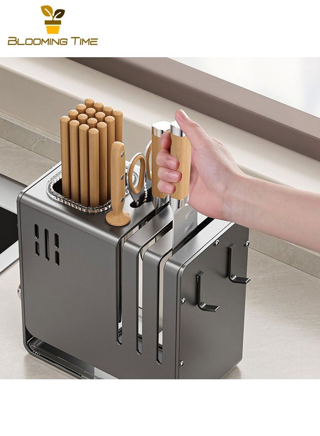بلومنغ تايم حامل عيدان سميك، حامل متعدد الوظائف للتجفيف على الحائط، صندوق لتخزين العيدان والملاعق، حامل سكاكين من الفولاذ الكربوني، حامل سكاكين المطبخ، لون رمادي - Image 2