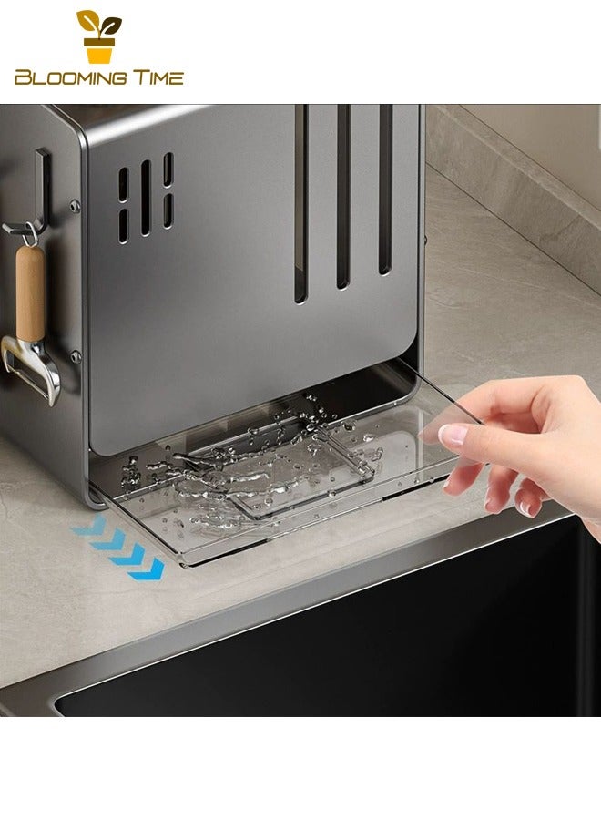 بلومنغ تايم حامل عيدان سميك، حامل متعدد الوظائف للتجفيف على الحائط، صندوق لتخزين العيدان والملاعق، حامل سكاكين من الفولاذ الكربوني، حامل سكاكين المطبخ، لون رمادي - Image 3