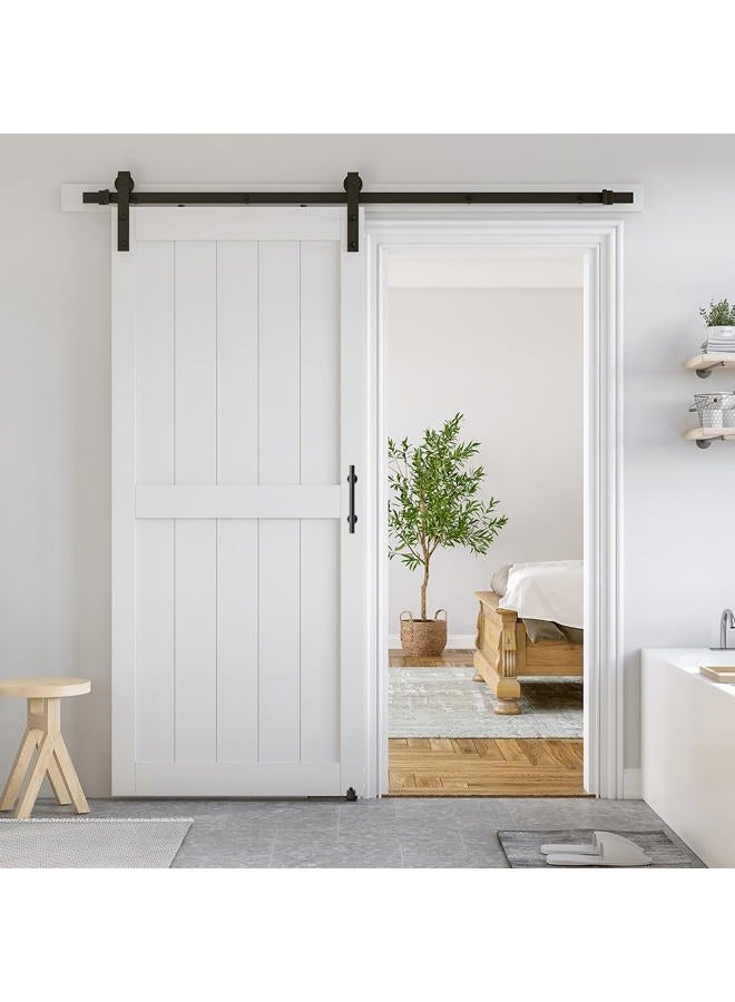 SMARTSTANDARD باب حظيرة منزلق أبيض من MDF بحجم 30 × 80 بوصة مع مجموعة أدوات باب منزلق سوداء بطول 5 أقدام ومقبض، جاهز للتجميع مع ثقوب مسبقة، طلاء PVC مقاوم للماء، إطار H - Image 1