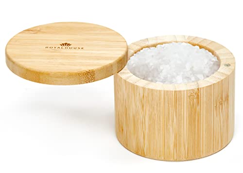 RoyalHouse 6 Oz Capacity Natural Bamboo Salt and Pepper Holder With Bamboo Lid, Salt Cellar With Magnetic Swivel Lid, Healthy Storage Box For Herbs Or Favorite Seasonings - Image 1