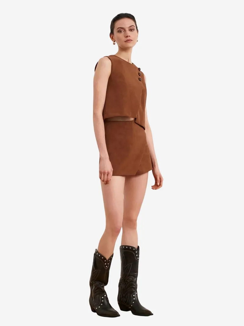 ديلفين DILVIN Mid-Waist Faux Leather A-Line Mini Skirt