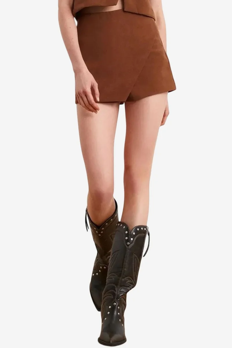 ديلفين DILVIN Mid-Waist Faux Leather A-Line Mini Skirt