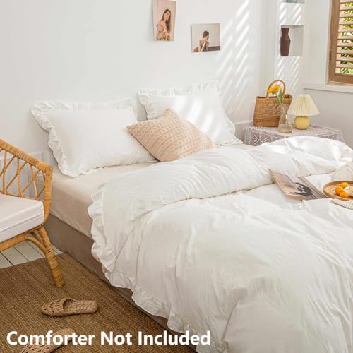Faincy White Ruffle Duvet Cover Queen Size, Ruffled Soft Microfiber Comforter Covers Set with Zipper - 3PC 90X90 Lightweight, Farmhouse Bedding Vintage Shabby Chic Rustic Bedroom Style for Women Men - Image 3