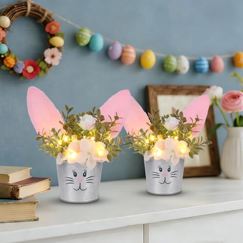 Prsildan 2 Pcs Easter Table Decorations Artificial Flower with Bunny Ear, Lighted Desk Decor Bunny Flowers, Easter Tabletop Decorations for Home Table Mantle Office Spring Party - Image 4