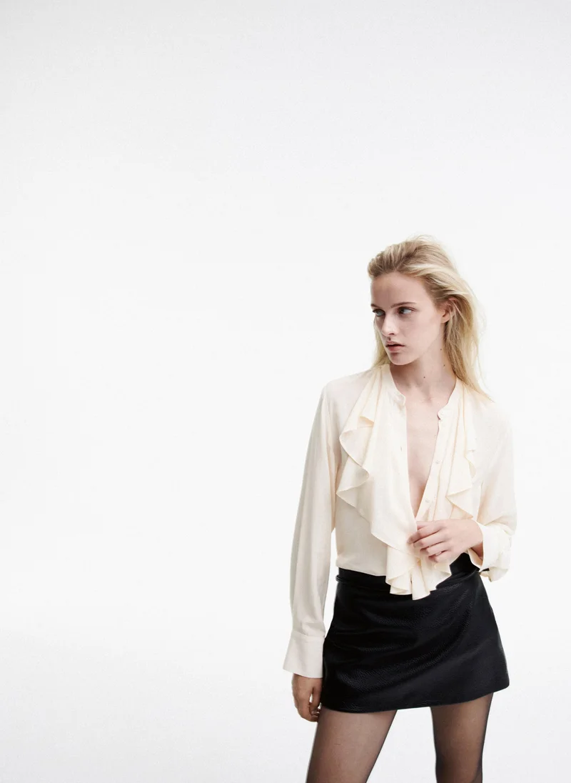 Mango Frilled Blouse With Tie-Neck Collar