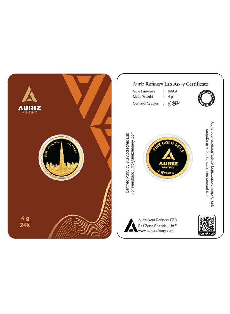 AURIZ MINTING Auriz 4 Gram 24K 999.9 Fine Gold Coin with Burj Khalifa Design - Image 1