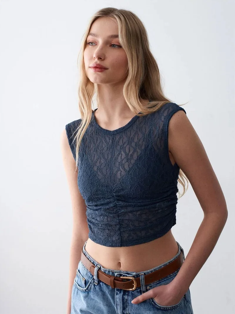 Dilvin DILVIN Sleeveless Lace Ribbed Blouse