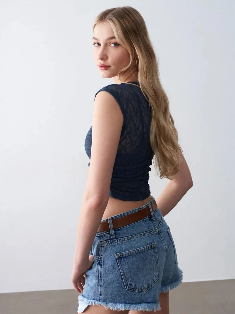 Dilvin DILVIN Sleeveless Lace Ribbed Blouse