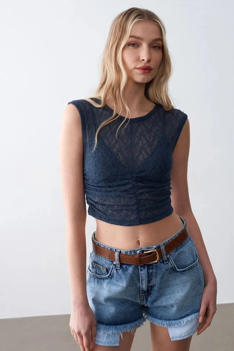 Dilvin Navy Blue DILVIN Sleeveless Lace Ribbed Blouse for Women | Best Price UAE
