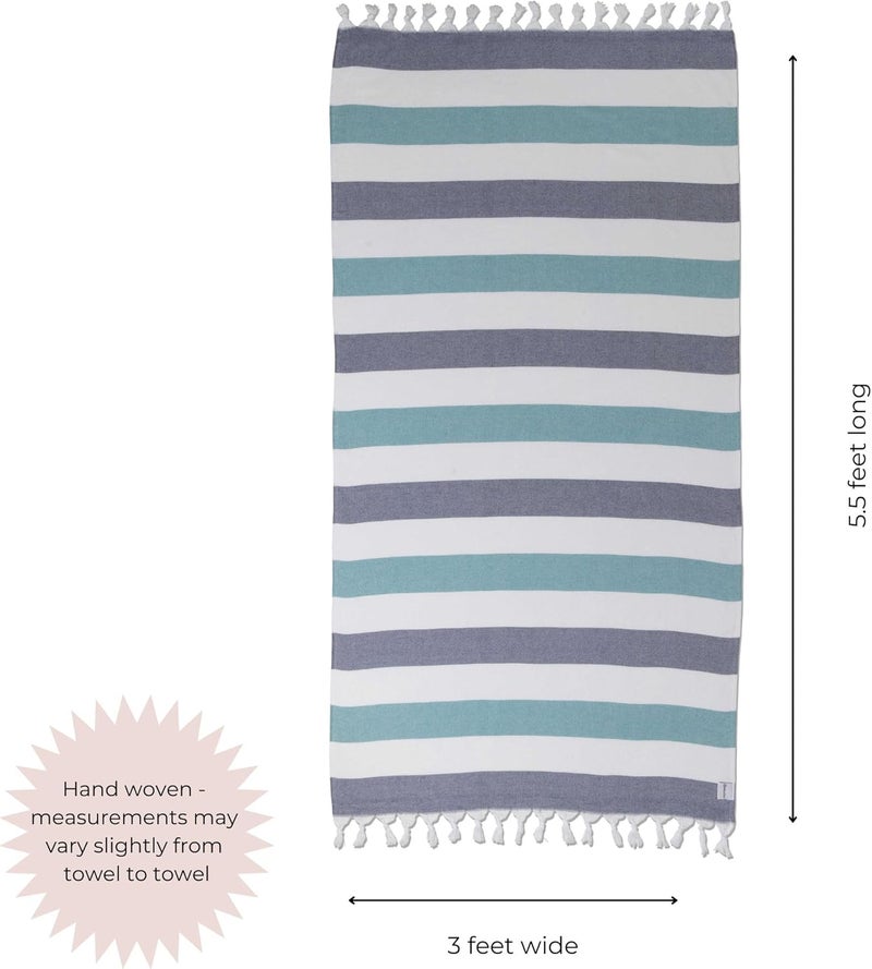 InfuseZen Terry Cloth Lined Turkish Bath  Beach Towel  Striped Design  100 Organic Turkish Cotton  Soft Lightweight Absorbent Peshtemal  Quick Dry for Beach Bath Throw Travel  NavyAqua - Image 3