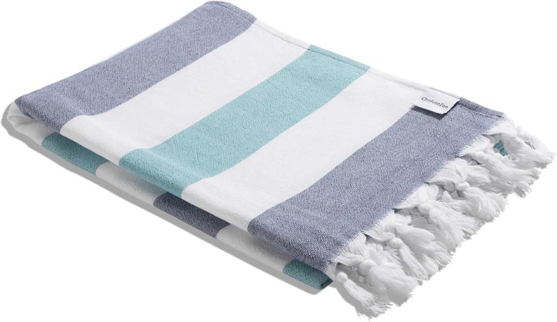 InfuseZen Terry Cloth Lined Turkish Bath  Beach Towel  Striped Design  100 Organic Turkish Cotton  Soft Lightweight Absorbent Peshtemal  Quick Dry for Beach Bath Throw Travel  NavyAqua - Image 1