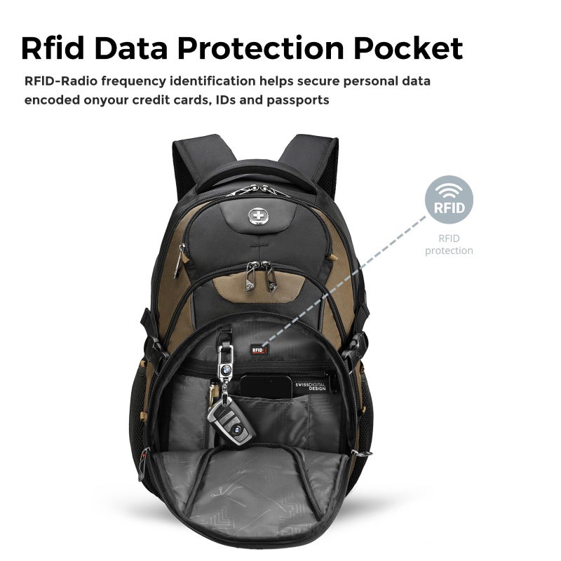 Swissdigital Design Laptop Backpack with USB Charging Port, Travel Backpack Fits 15.6 inches Computer, 31L College School Backpack for Men, Tan/Black | SD803-34 - Image 5