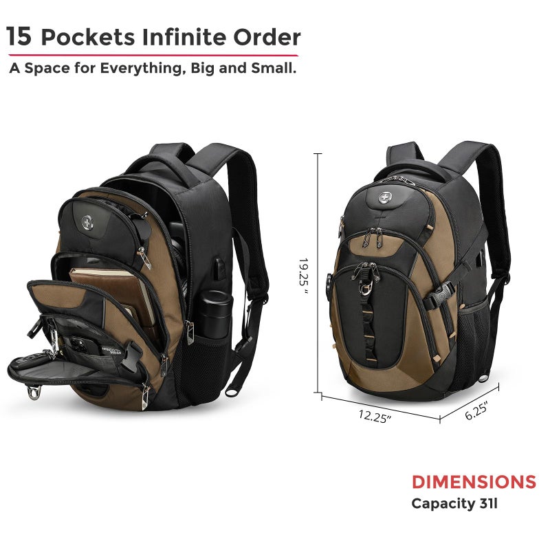 Swissdigital Design Laptop Backpack with USB Charging Port, Travel Backpack Fits 15.6 inches Computer, 31L College School Backpack for Men, Tan/Black | SD803-34 - Image 4