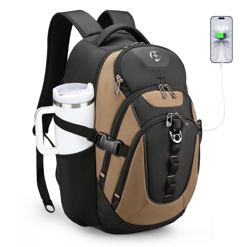 Swissdigital Design Laptop Backpack with USB Charging Port, Travel Backpack Fits 15.6 inches Computer, 31L College School Backpack for Men, Tan/Black | SD803-34 - Image 1