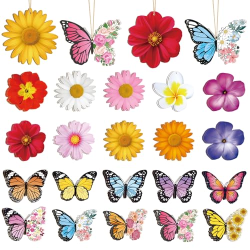 Sophena 40 Pcs Spring Flower Butterfly Ornaments Decoration 20 Styles Wood Flower Butterfly Cutouts Ornament for Home Crafts Hanging Summer Birthday Wedding Party Decorations - Image 1