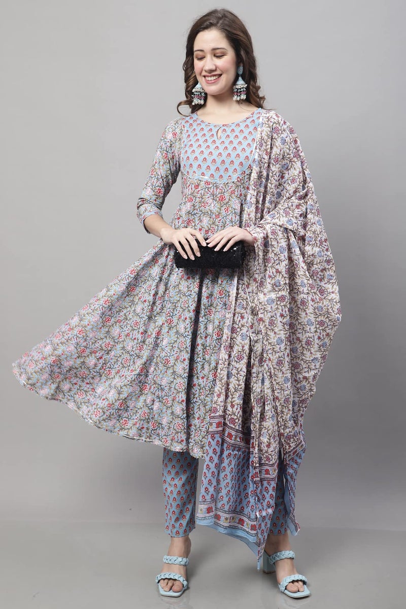 Monira Women's Pure Cambric Cotton Printed Kurta Set with Dupatta (MONJPR801-S_Blue_S) - Image 2