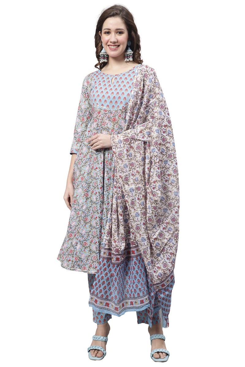 Monira Women's Pure Cambric Cotton Printed Kurta Set with Dupatta (MONJPR801-S_Blue_S) - Image 1
