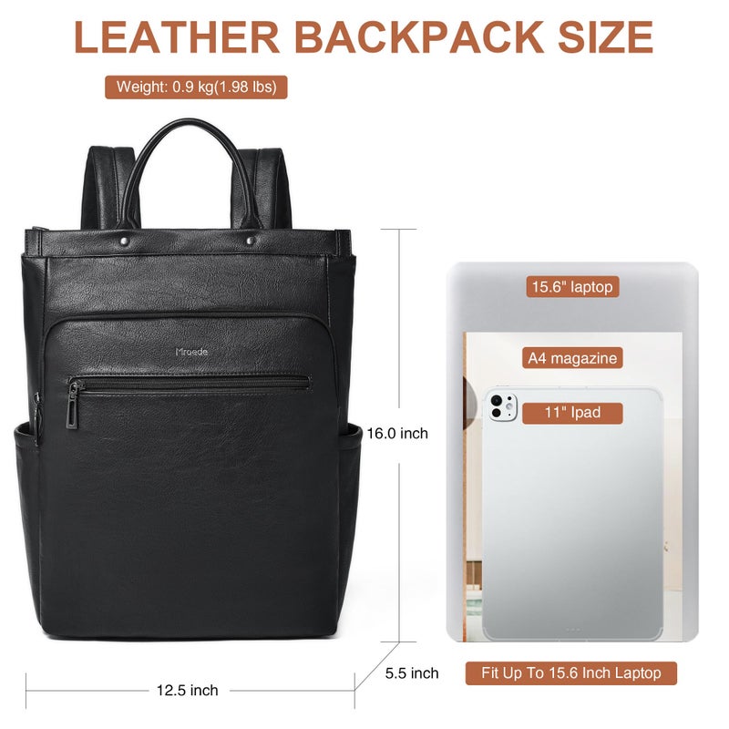 Mroede Leather Laptop Backpack for Women, Travel Backpack Purse Fits 15.6 Inch Laptop, Casual Daypack with Laptop Compartment for Teachers College Work Business Nurse Weekender, Black - Image 4
