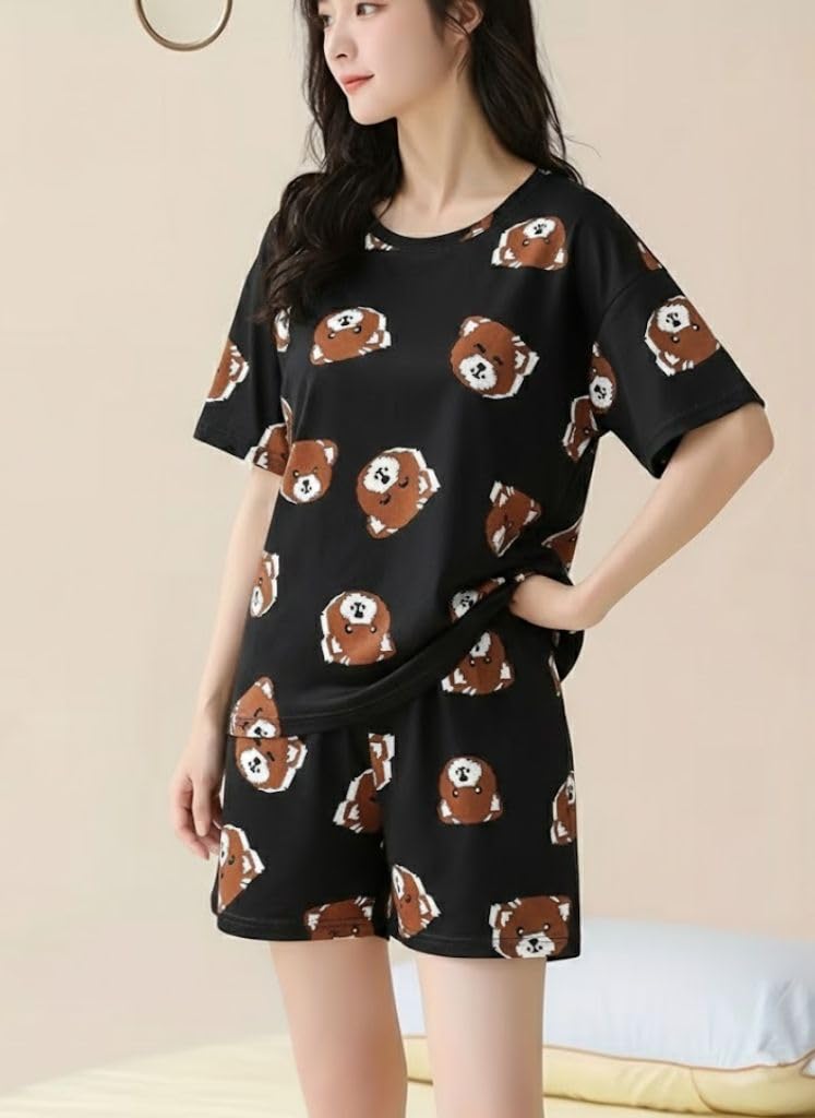 SMOWKLY Women Korean Shorts Pajama Set Cotton Blend Nightwear Set Top & Shorts Sleepwear Lounge Wear Soft Comfortable Night Suit Ladies Summer Night Dress Co-Ord Home Wear Set(1506_BK_XS) Black - Image 3