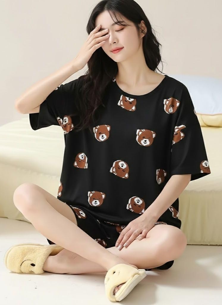 SMOWKLY Women Korean Shorts Pajama Set Cotton Blend Nightwear Set Top & Shorts Sleepwear Lounge Wear Soft Comfortable Night Suit Ladies Summer Night Dress Co-Ord Home Wear Set(1506_BK_XS) Black - Image 4