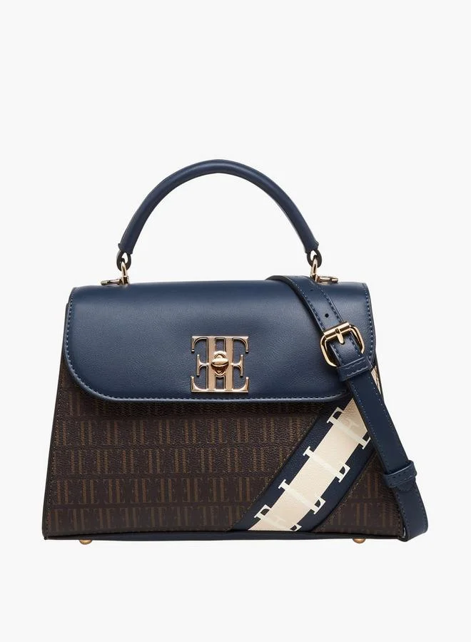 ELLE Monogram Print Satchel Bag with Detachable Strap
