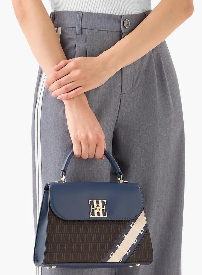 ELLE Monogram Print Satchel Bag with Detachable Strap