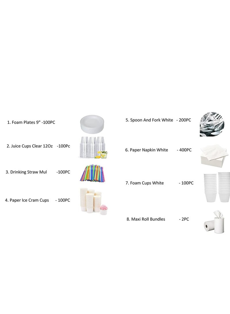 مجموعة حفلات شاملة مكونة من 1000 قطعة من المناديل الورقية التي تستخدم لمرة واحدة، وأكواب العصير، وأكواب الآيس كريم، وأطباق الرغوة، وأكواب الرغوة، والملعقة والشوكة، ولفائف ماكسي تكفي 100 شخص - Image 2