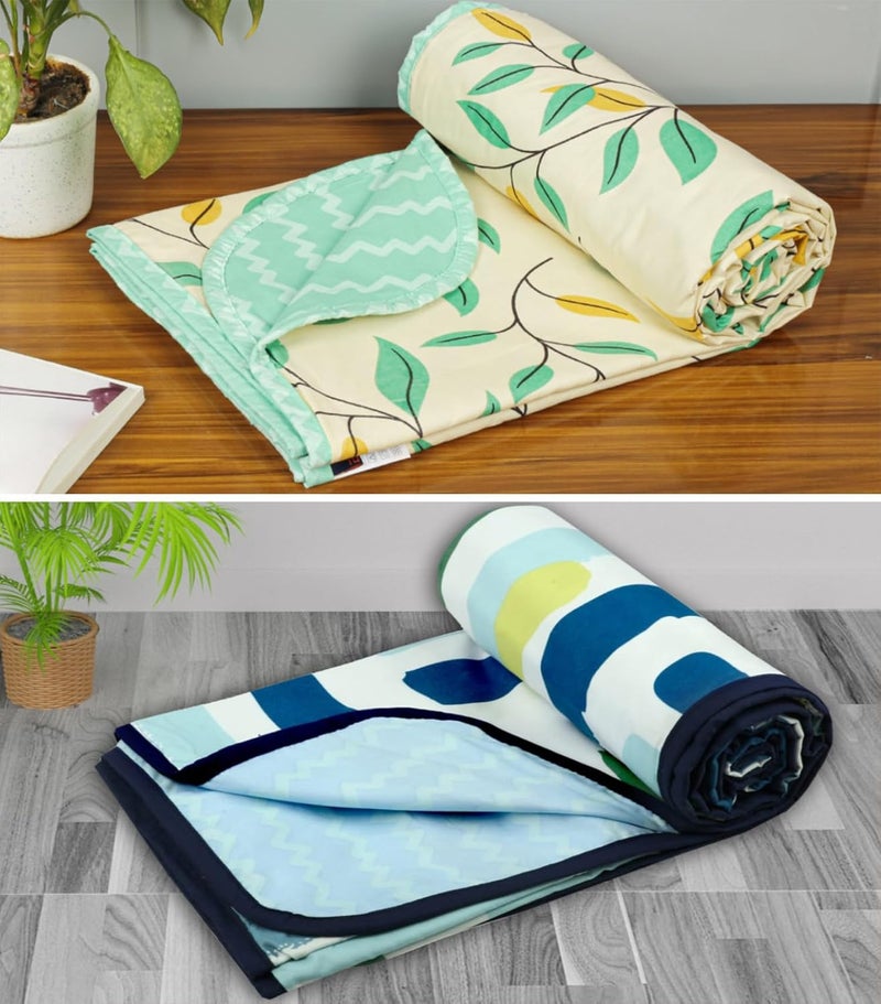 BSB HOME Pure Cotton 120 GSM Reversible Soft Lightweight Printed Single Bed Blanket/AC Dohar/Skin Friendly Dohar- Pack of 2 (152 x 225 cm- Beige White & Green) - Image 1